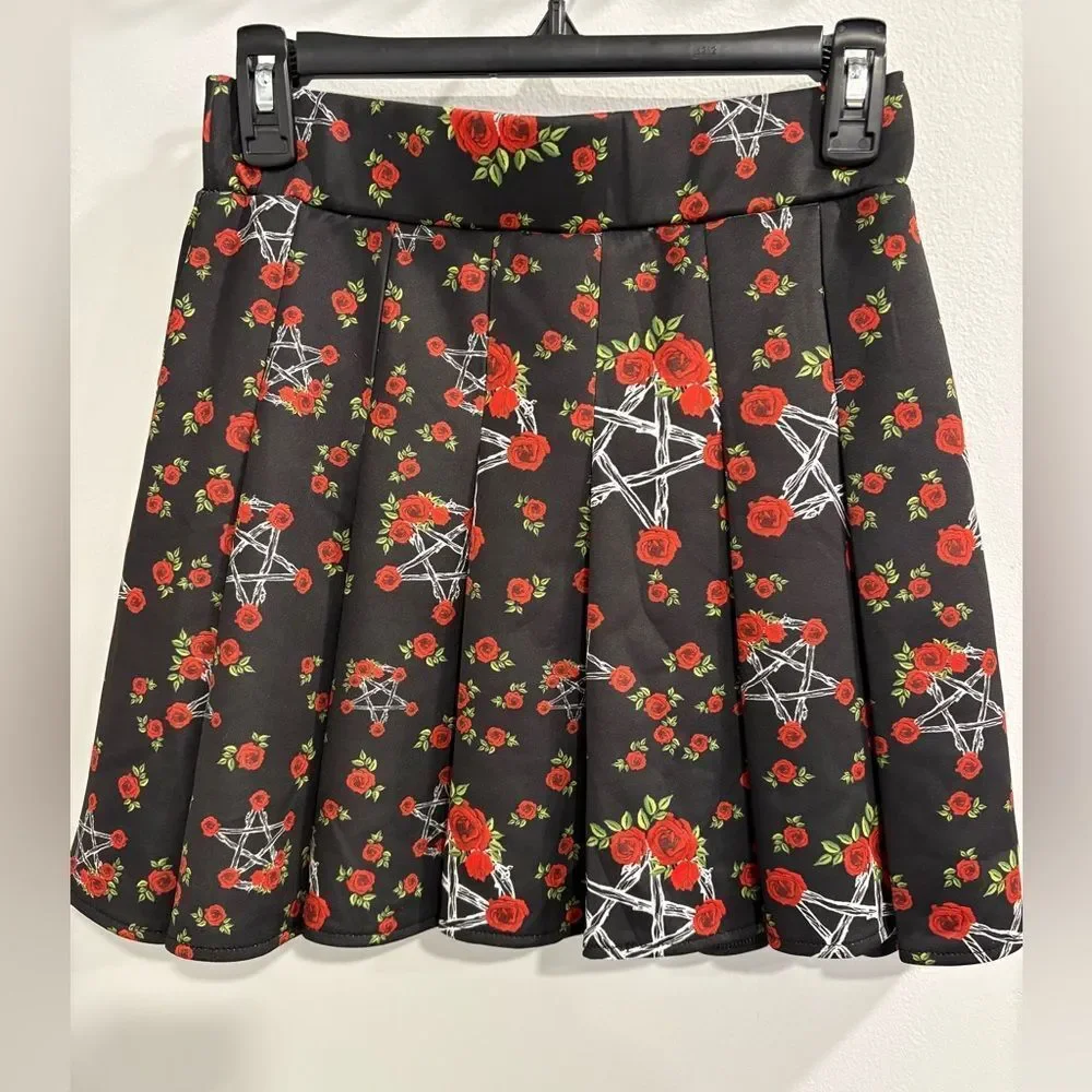 Elegant Black Skater Skirt with Red Rose Pentagram Floral Design